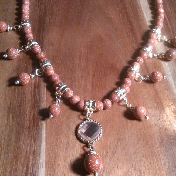 Gold Sandstone and Peach Glass Necklace - Picture 3 of 13